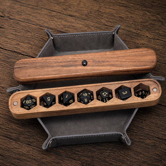 Set di dadi in ossidiana nera naturale e scatola di legno combinata