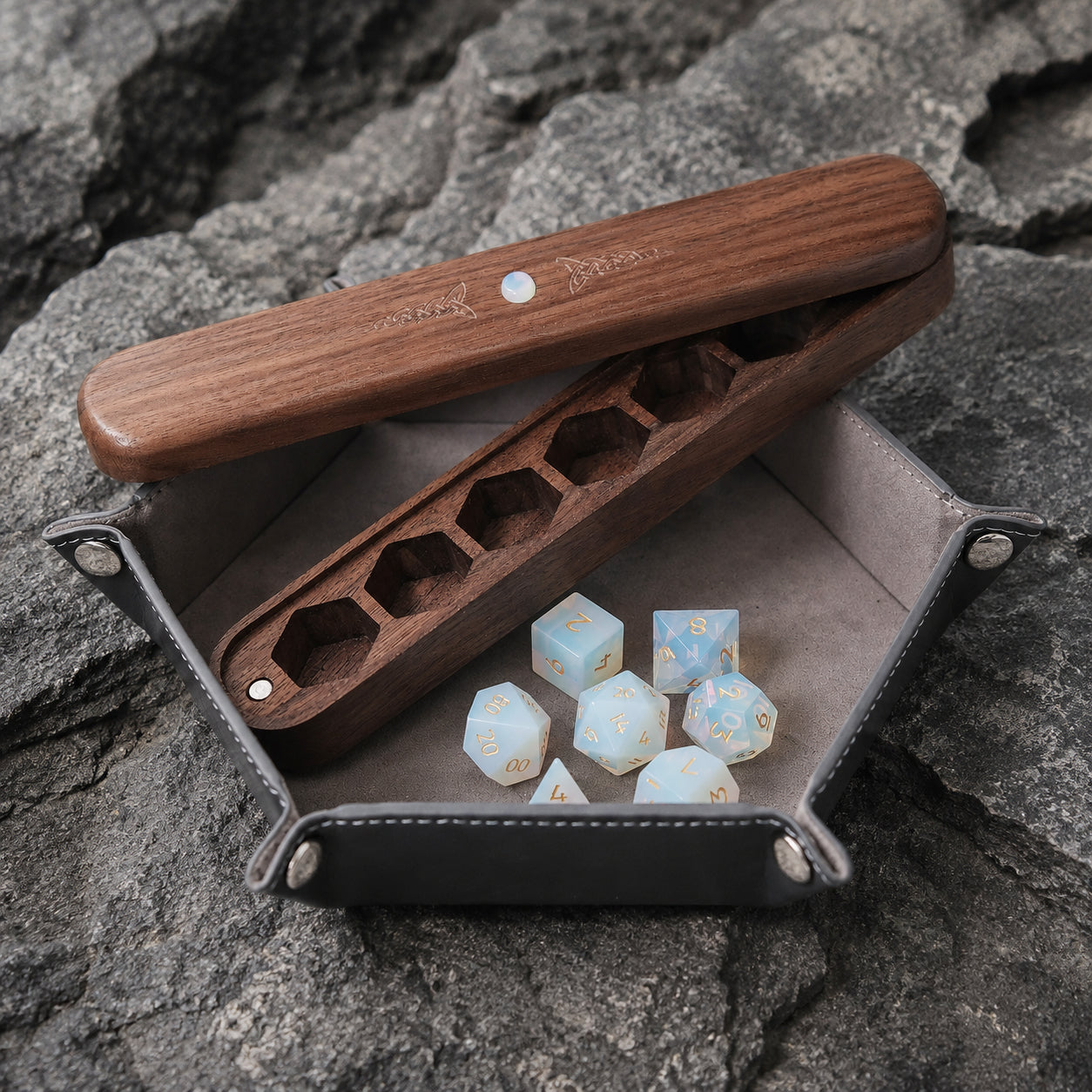 Set di dadi in pietra preziosa opalite Scatola di legno Combo 2