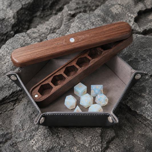 Set di dadi in pietra preziosa opalite Scatola di legno Combo 2