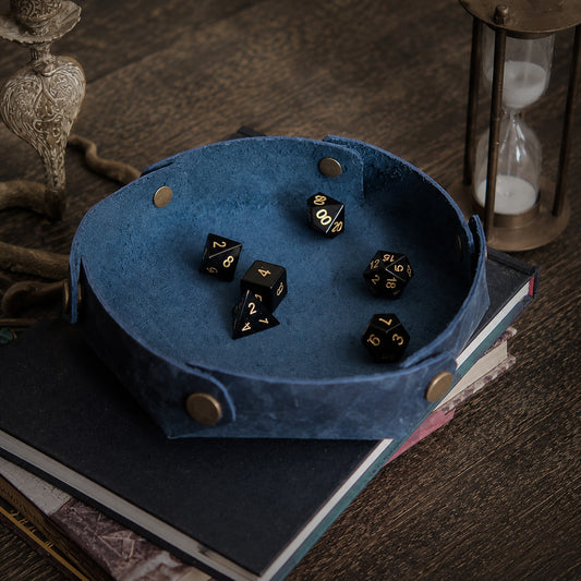 Handmade Leather Dice Tray_Blue Hexagon