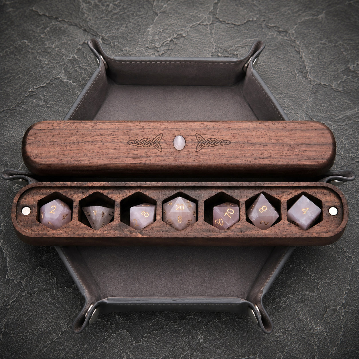 Set di dadi in pietra preziosa di quarzo rosa naturale, scatola di legno combinata 2 