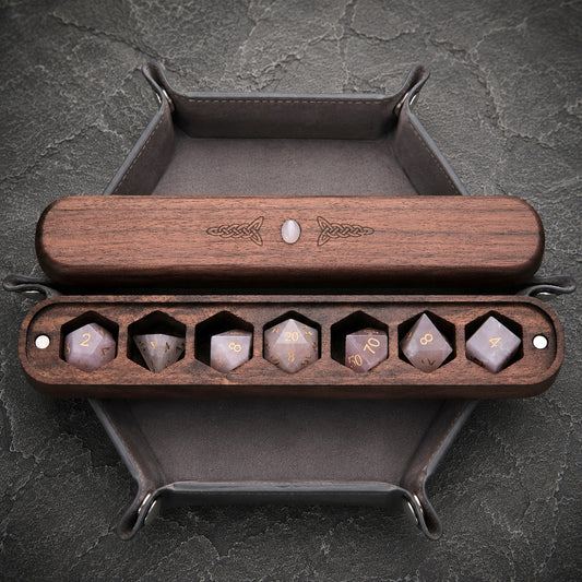 Set di dadi in pietra preziosa di quarzo rosa naturale, scatola di legno combinata 2 