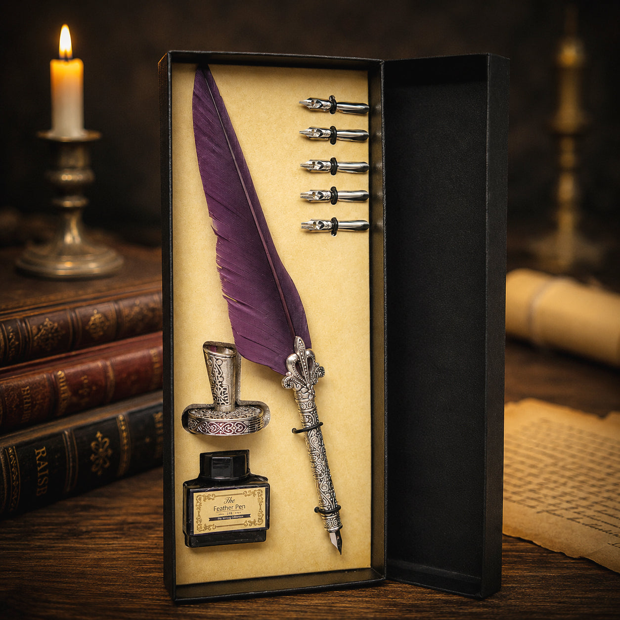 Set confezione regalo con penna d'oca viola scuro stile vintage, con portapenne in metallo, 5 pennini e inchiostro nero da 15 ml