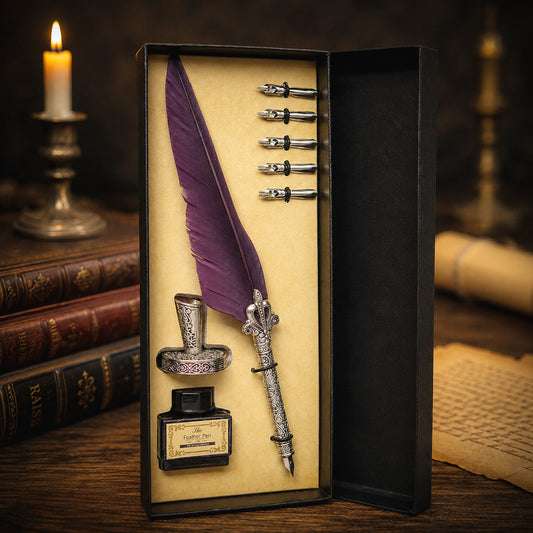 Set confezione regalo con penna d'oca viola scuro stile vintage, con portapenne in metallo, 5 pennini e inchiostro nero da 15 ml