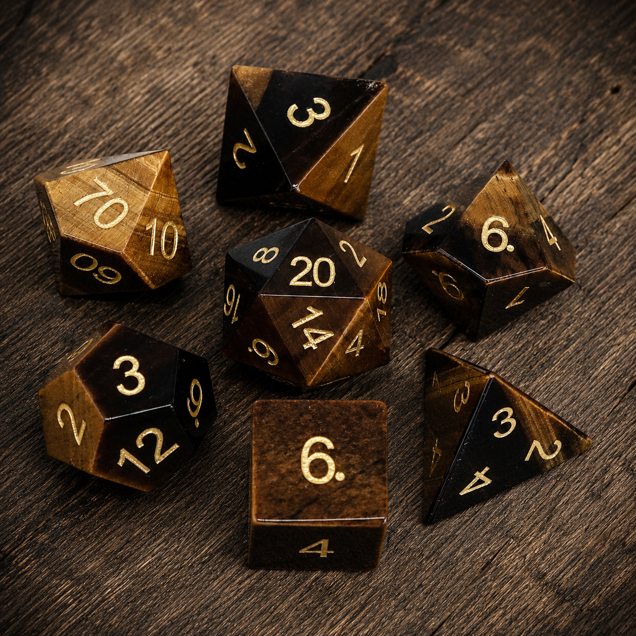 Lot de 7 dés en pierre précieuse œil de tigre naturel pour jeu de dés RPG