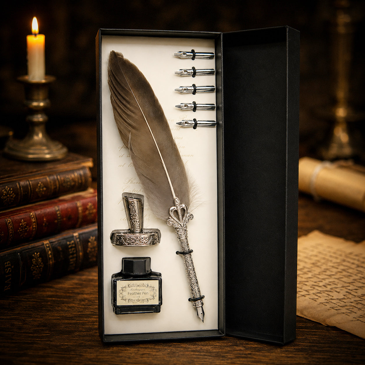 Coffret cadeau pour stylo plume gris de style vintage, avec porte-stylo en métal, 5 plumes et 15 ml d'encre noire