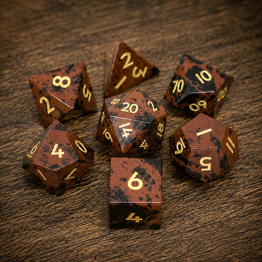 Ensemble de 7 dés en pierre précieuse de cygne doré en obsidienne d'acajou naturel pour jeu de société de table RPG
