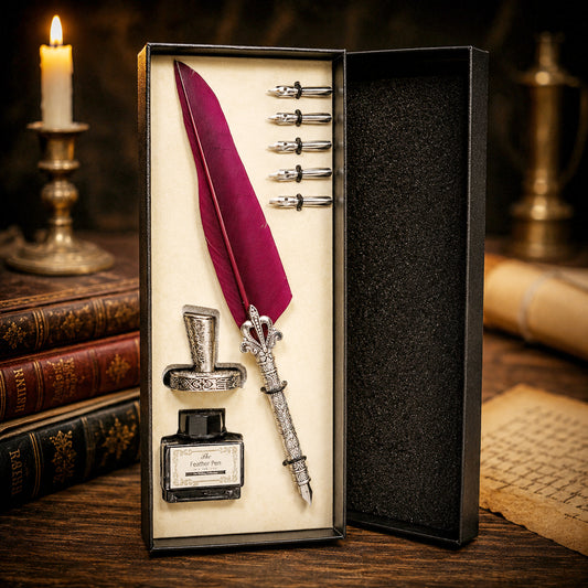 Set confezione regalo con penna d'oca rosso vino stile vintage, con portapenne in metallo, 5 pennini e inchiostro nero da 15 ml
