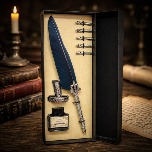 Set confezione regalo con penna d'oca blu scuro stile vintage, con portapenne in metallo, 5 pennini e inchiostro nero da 15 ml