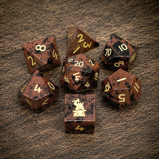 Natural Mahogany Obsidian Golden Swan Gemstone Dice Set of 7 D6 with Logo for RPG Table-top Board Game