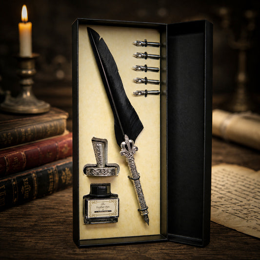 Set confezione regalo con penna d'oca nera stile vintage, con portapenne in metallo, 5 pennini e inchiostro nero da 15 ml