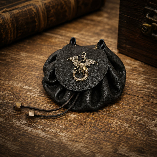 Borsa per dadi in pelle di medie dimensioni con drago in metallo_Nero