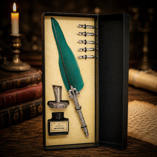 Set confezione regalo con penna d'oca verde scuro stile vintage, con portapenne in metallo, 5 pennini e inchiostro nero da 15 ml