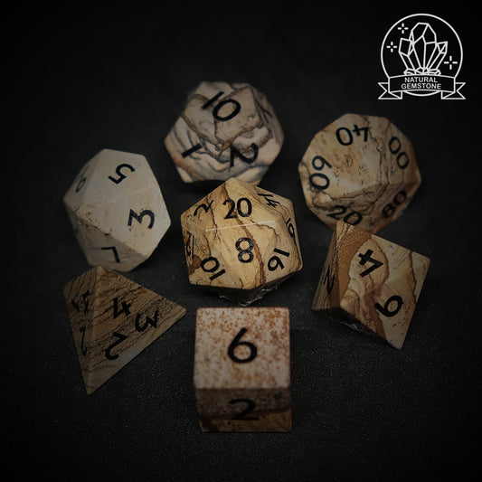 Natural Wood Grain Stone Dice Set of 7 for board game, dice game, table-top game, gift for gamer
