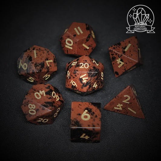 Natural Mahogany Obsidian Golden Swan Gemstone Dice Set of 7 for RPG Table-top Board Game. Gift for Gamer