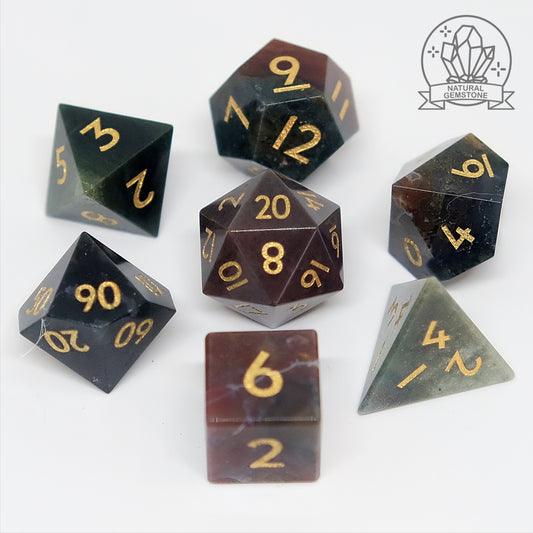 Natural Indian Agate Gemstone Dice Set of 7 Clearly Font. Game accessories for table-top game, board game and rpg. Gift for game lover