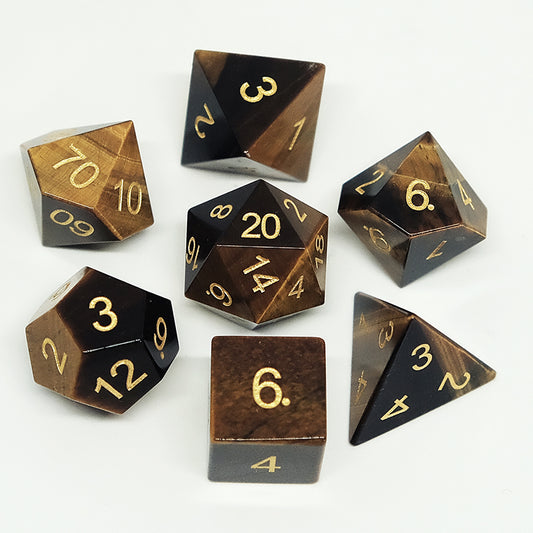 Natural Tiger's Eye Gemstone Dice Set of 7. Game accessories for table-top game, board game and rpg. Gift for game lover