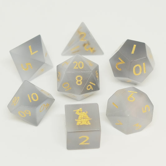 Grey Cat's Eye Gemstone Dice Set of 7 D6 with Logo. Game accessories for table-top game, board game and rpg game lover