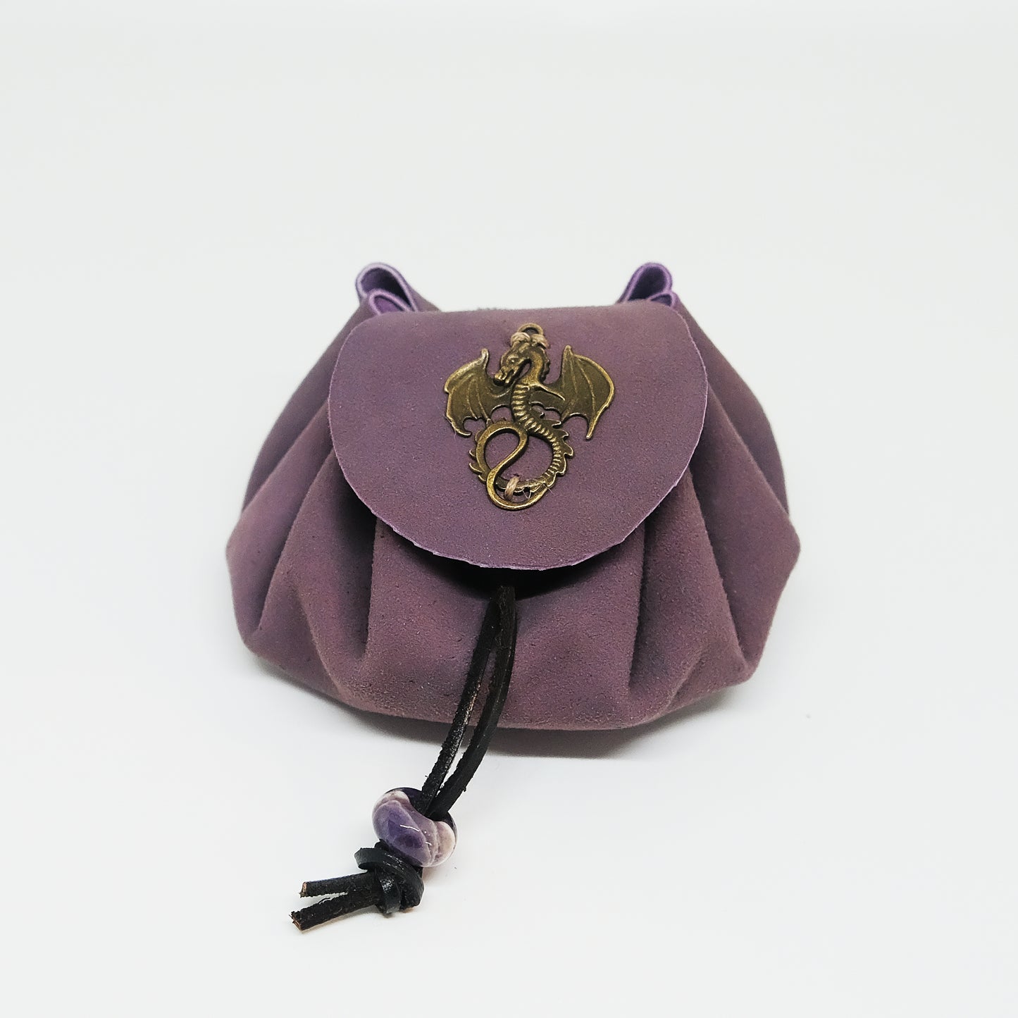 Handmade Purple Leather Metal Dragon Dice Bag Suitable For 3 Sets Of Dice Attached Amethyst Accessory. Game accessories for table-top game, board game and rpg game lover