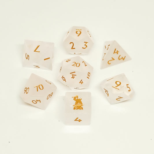 Natural Frosted White Quartz Crystal Gemstone Dice Set of 7——with Forgic Logo.  Game accessories for table-top game, board game and rpg game lover