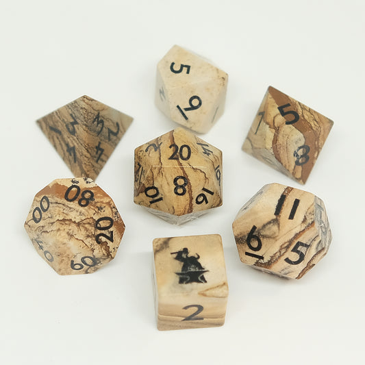 Natural Wood Grain Stone Dice Set of 7 for board game, dice game, table-top game, gift for gamer