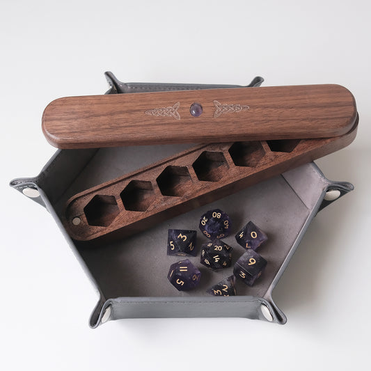 Natural Amethyst Gemstone Dice Set Wooden Box Combo / Dice Set of 7 / Black Cherry Wood Box / Dice Tray. Game accessories for table-top game, board game and rpg. Gift for game lover
