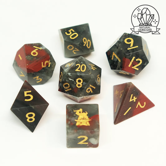 Natural Bloodstone Gemstone Dice Set of 7 D6 with Logo. Game accessories for table-top game, board game and rpg. Gift for game lover
