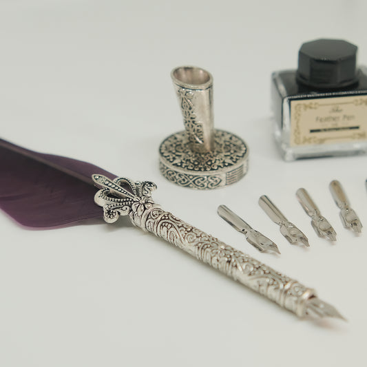 Vintage Style Dark Purple Quill Pen Gift Box Set, with Metal Pen Holder, 5 Nibs and 15ml Black Ink