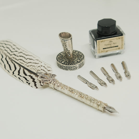 Vintage Style Stripe Quill Pen Gift Box Set, with Metal Pen Holder, 5 Nibs and 15ml Black Ink
