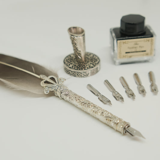 Vintage Style Grey Quill Pen Gift Box Set, with Metal Pen Holder, 5 Nibs and 15ml Black Ink