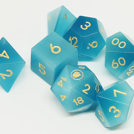 Element of Water Dice Set, Light Blue Cat's Eye Dice Set of 7, DND Role Playing Games and Card Games Gift for Gamer