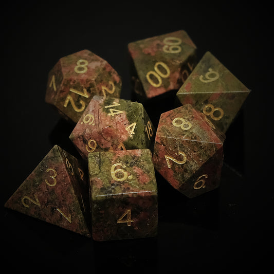 Natural Unakite Gemstone Dice Set of 7. Unique Green Dice. Game accessories for table-top game, board game and rpg. Gift for game lover