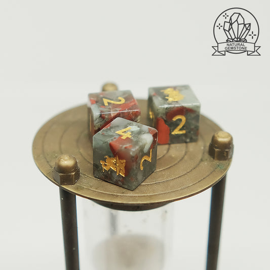 Natural Bloodstone Gemstone Dice Set of 7 D6 with Logo. Game accessories for table-top game, board game and rpg. Gift for game lover