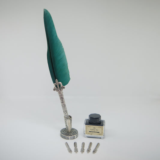 Vintage Style Dark Green Quill Pen Gift Box Set, with Metal Pen Holder, 5 Nibs and 15ml Black Ink