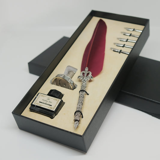 Vintage Style Wine Red Quill Pen Gift Box Set, with Metal Pen Holder, 5 Nibs and 15ml Black Ink