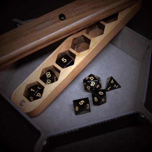 Natural Black Obsidian Dice Set Wooden Box Combo / Dice Set of 7 / Black Cherry Wood Box / Dice Tray. Game accessories for table-top game, board game and rpg. Gift for game lover