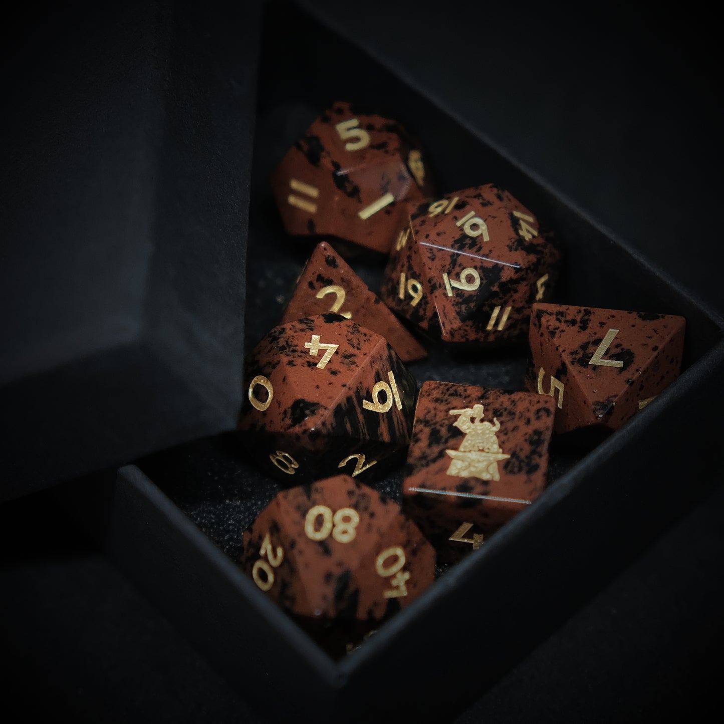 Natural Mahogany Obsidian Golden Swan Gemstone Dice Set of 7 D6 with Logo for RPG Table-top Board Game. Gift for Game Lover