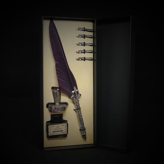 Vintage Style Dark Purple Quill Pen Gift Box Set, with Metal Pen Holder, 5 Nibs and 15ml Black Ink