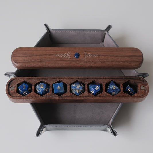 Lapis Lazuli Natural Gemstone Dice Set Wooden Box Combo / Dice Set of 7 / Black Cherry Wood Box / Dice Tray. Game accessories for table-top game, board game and rpg. Gift for game lover