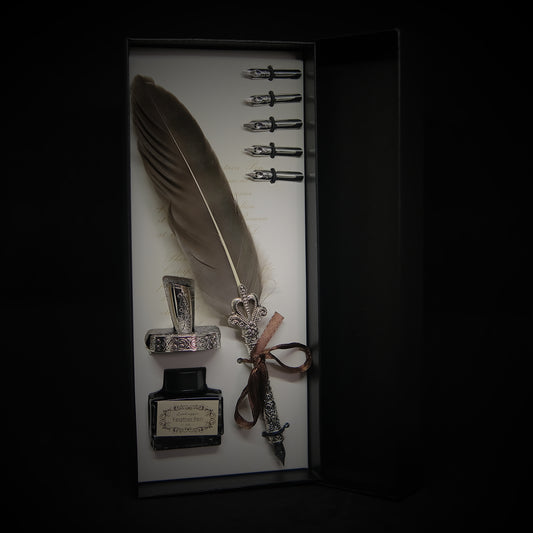 Vintage Style Grey Quill Pen Gift Box Set, with Metal Pen Holder, 5 Nibs and 15ml Black Ink
