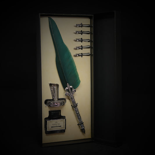 Vintage Style Dark Green Quill Pen Gift Box Set, with Metal Pen Holder, 5 Nibs and 15ml Black Ink