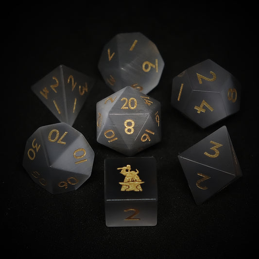 Grey Cat's Eye Gemstone Dice Set of 7 D6 with Logo. Game accessories for table-top game, board game and rpg game lover
