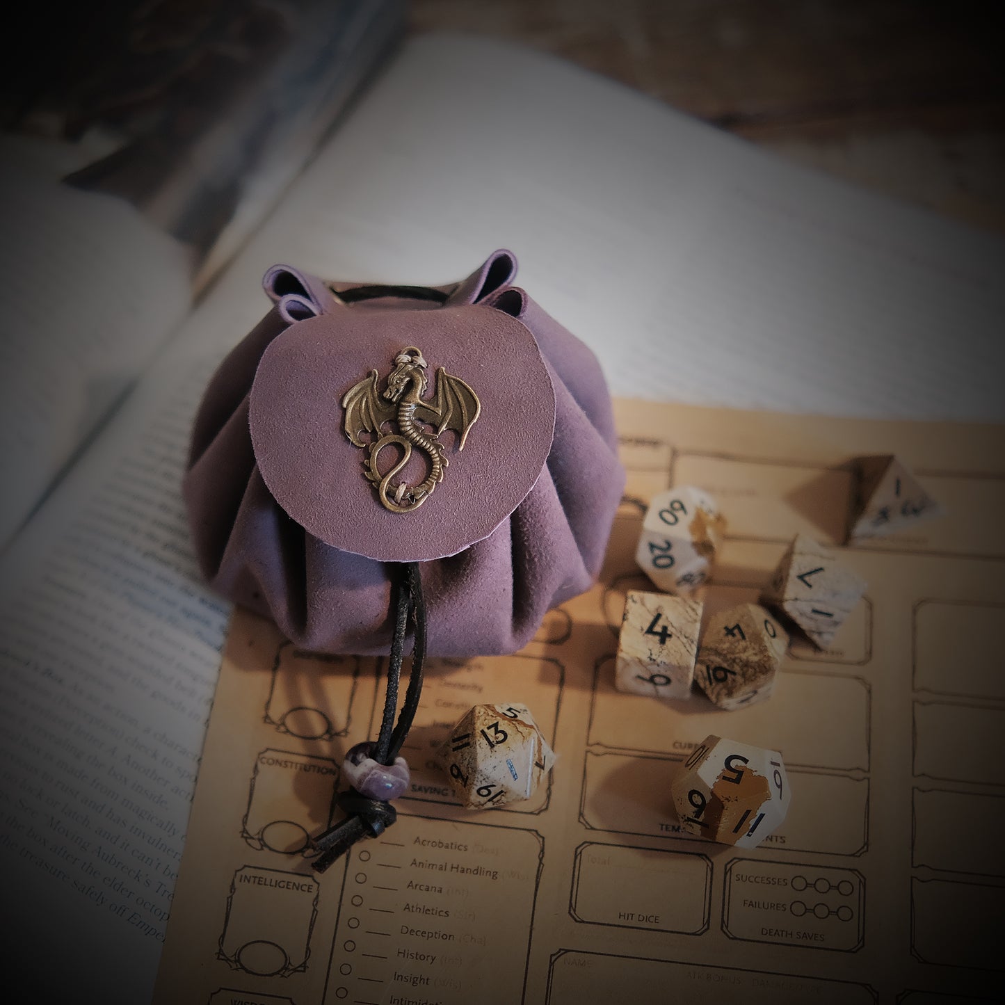 Handmade Purple Leather Metal Dragon Dice Bag Suitable For 3 Sets Of Dice Attached Amethyst Accessory. Game accessories for table-top game, board game and rpg game lover