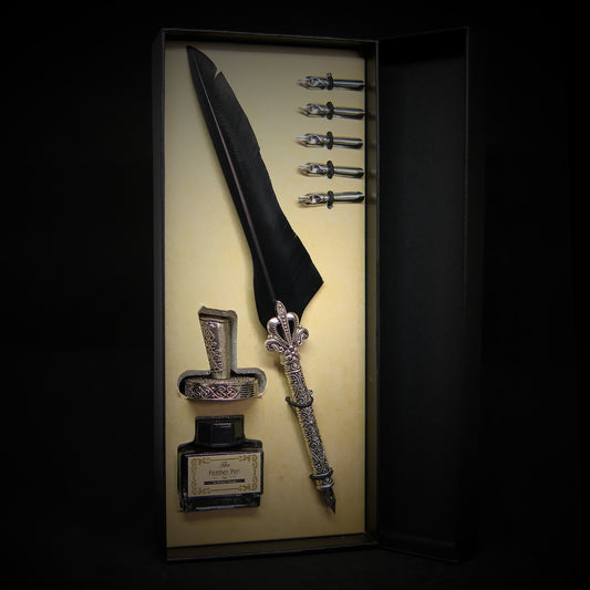 Vintage Style Black Quill Pen Gift Box Set, with Metal Pen Holder, 5 Nibs and 15ml Black Ink