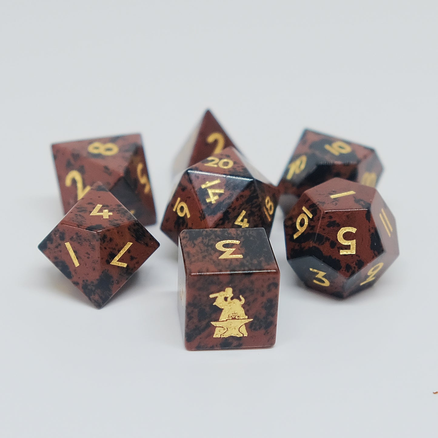 Natural Mahogany Obsidian Golden Swan Gemstone Dice Set of 7 D6 with Logo for RPG Table-top Board Game. Gift for Game Lover