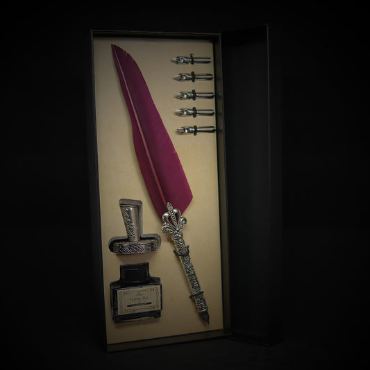 Vintage Style Wine Red Quill Pen Gift Box Set, with Metal Pen Holder, 5 Nibs and 15ml Black Ink