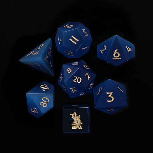 Blue Cat's Eye Gemstone Dice Set of 7 Clearly Font —— D6 with Forgic Logo, Game accessory for table-top game, board game and rpg game