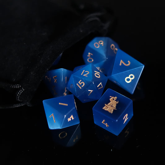 Blue Cat's Eye Gemstone Dice Set of 7 Clearly Font —— D6 with Forgic LogoBlue Cat's Eye Gemstone Dice Set of 7 Clearly Font —— D6 with Forgic Logo, Game accessory for table-top game, board game and rpg game
