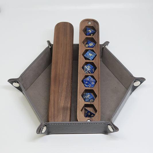 COMBO / Lapis Lazuli Natural Gemstone Dice Set Wooden Box Combo / Dice Set of 7 / Black Cherry Wood Box / Dice Tray