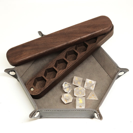 COMBO / Natural Frosted White Quartz Crystal Gemstone Dice Set / Dice Set of 7 / Black Cherry Wood Box / Dice Tray. Game accessories for table-top game, board game and rpg game lover
